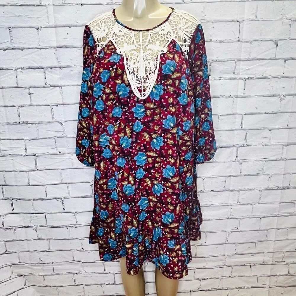 Entro Womens Multicolor Floral Print Crochet Lace Ruffle Hem Boho Dress Medium